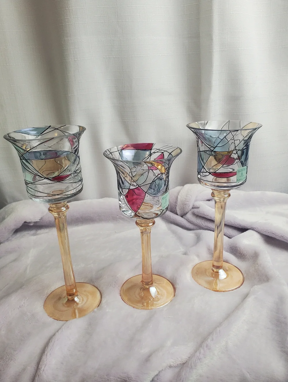 3 Piece Retired Tiffany Style Mosaic Stemmed Votive Glass Tealight Holders New - Picture 2 of 16